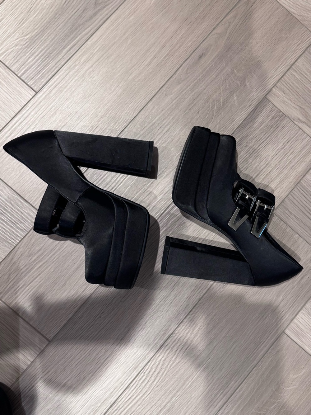 Black Satin Platform Buckle Pump - Women Shoes